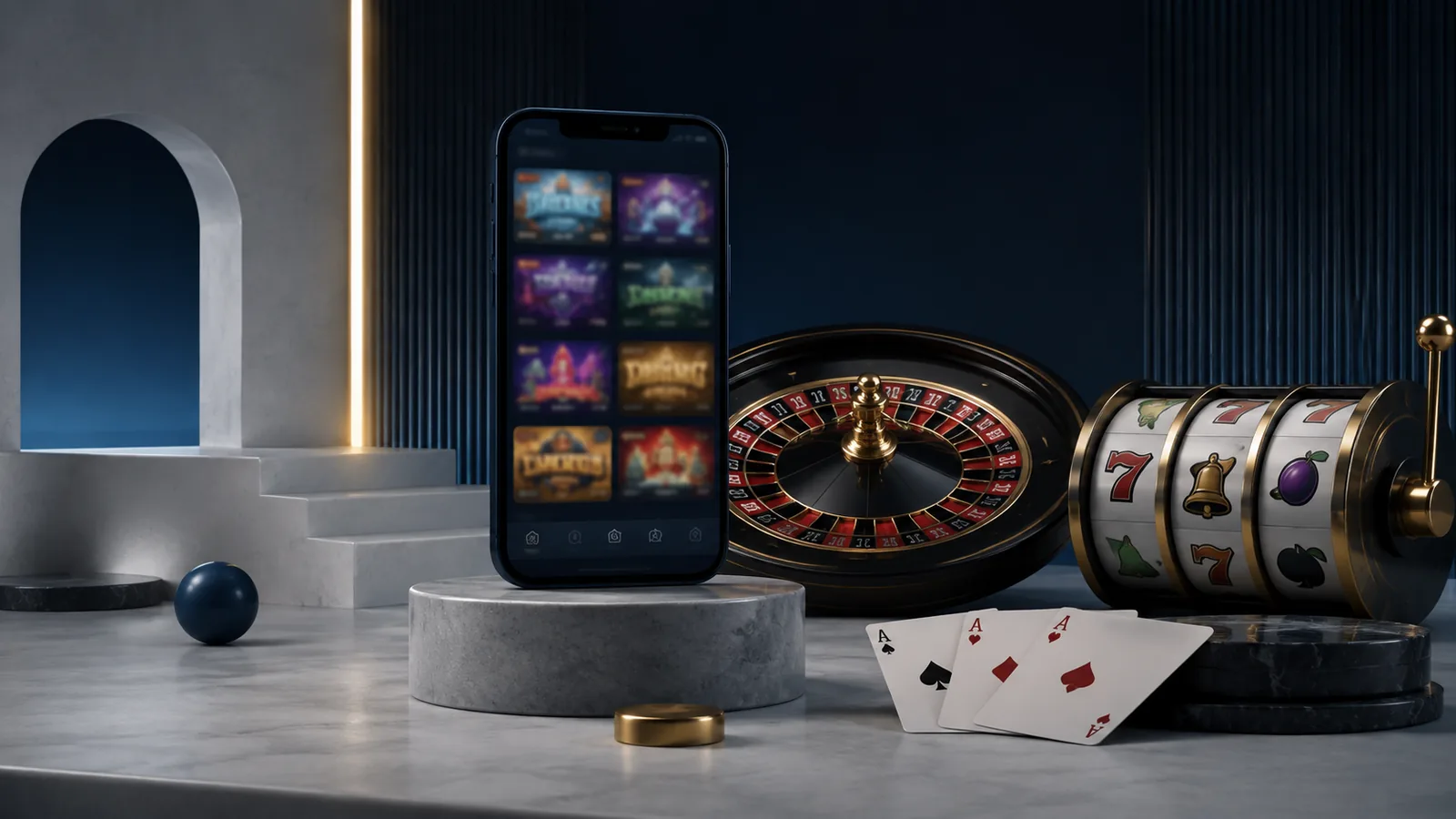 Perangkat dengan roulette dan slot dalam suasana kasino digital generik