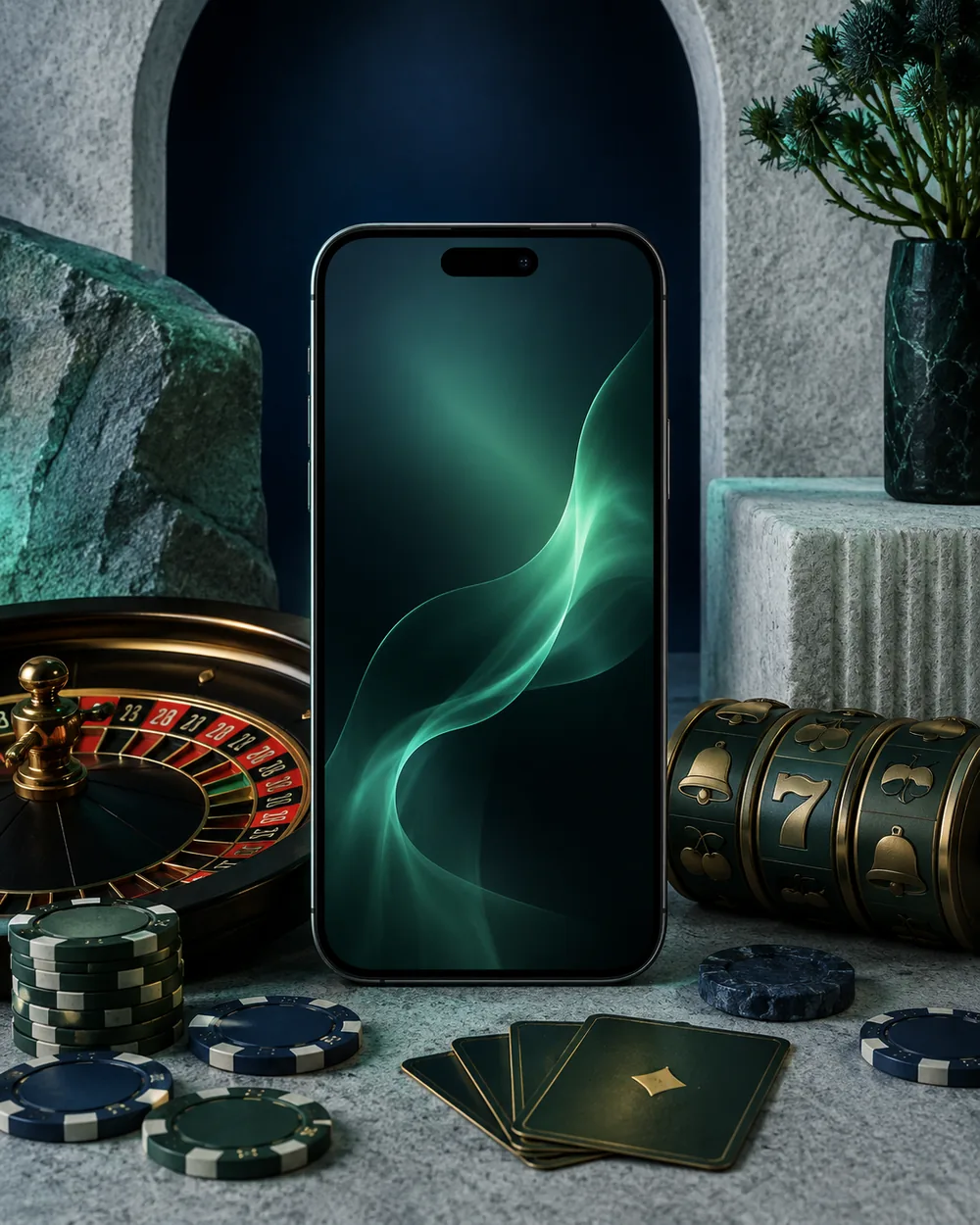 Ponsel dengan elemen roulette, kartu, chip, dan slot generik